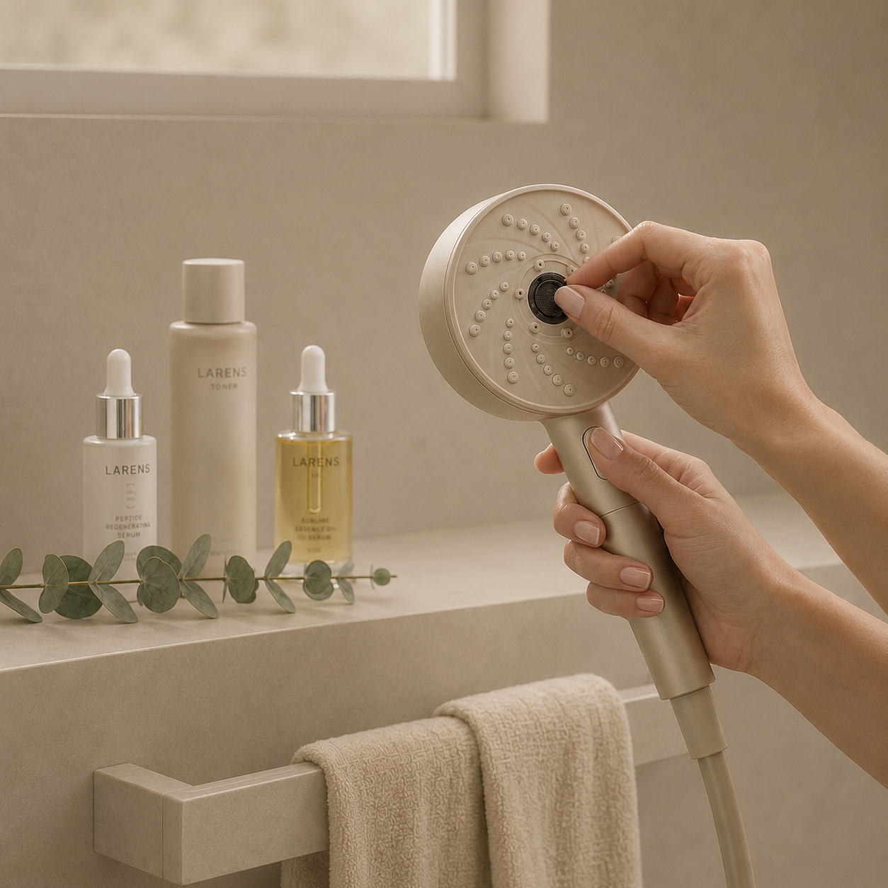 Pommeau de douche filtrant PureRise installé salle de bain