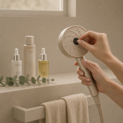 Pommeau de douche filtrant PureRise installé salle de bain