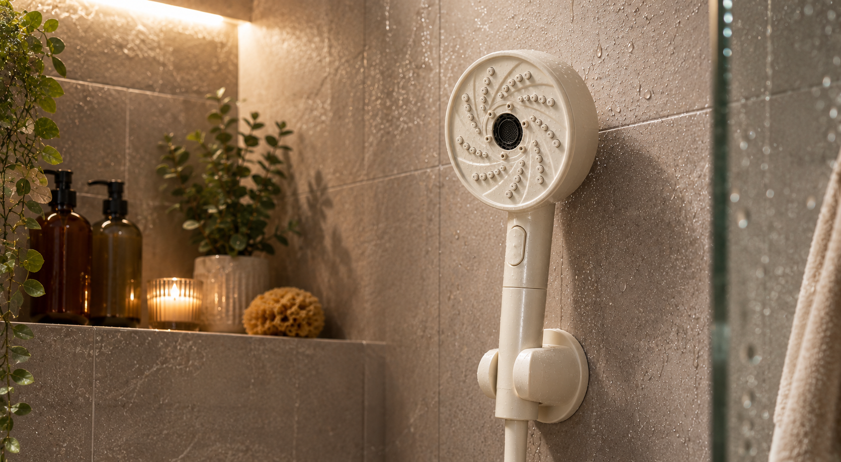 Pommeau filtrant PureRise installé salle de bain design